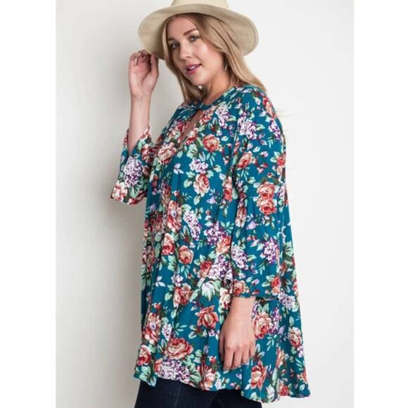 Umgee size medium Teal floral swing tunic shirt oversized blouse - Picture 1 of 5